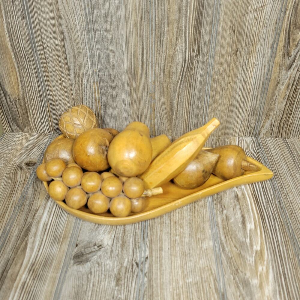 Vintage MCM Monkey Pod Wood Fruit Bowl Set Carved Grapes Banana Centerpiece